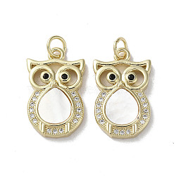 Brass Micro Pave Cubic Zirconia Pendants, with Shell, Real 18K Gold Plated, Owl, 20.5x12.5x3.5mm, Hole: 3mm(KK-G485-25B-G)
