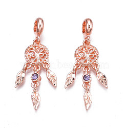 Rack Plating Alloy European Dangle Charms, with Tanzanite Rhinestone, Large Hole Pendants, Cadmium Free & Nickel Free & Lead Free, Woven Net/Web with Feather, Rose Gold, 45mm, Hole: 5mm, Feather: 12x4x4mm(MPDL-N039-063RG)