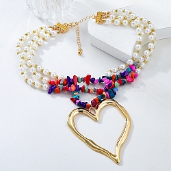 Bohemian Synthetic Turquoise Chips Beads 3 Layer Necklaces, with Plastic Imitation Pearl and Alloy Heart Big Pendant, Colorful, 14.76~15.16 inch(37.5~38.5cm)(NJEW-K384-04A)