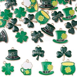 35Pcs 7 Styles Saint Patrick's Day Alloy Enamel Pendants, Golden/Light Gold, Clover/Hat/Pot, Green, 20~24x18.5~23x1.5mm, Hole: 1.8mm, 5pcs/style(ENAM-CJ0005-45)