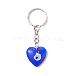 Blue Glass Evil Eye PendantS Keychains, with Iron Split Key Rings, Heart, 7.7cm(KEYC-JKC00730-04)