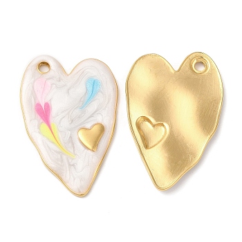 304 Stainless Steel Enamel Pendants, Real 18K Gold Plated, Heart Charm, Floral White, 36x24x2.5mm, Hole: 2.5mm