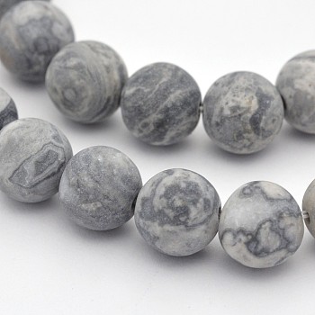 Natural Map Stone/Polychrome Jasper/Picasso Stone/Picasso Jasper Beads Strands, Round, Frosted, Dark Gray, 8mm, Hole: 1mm, about 48pcs/strand, 15.3 inch