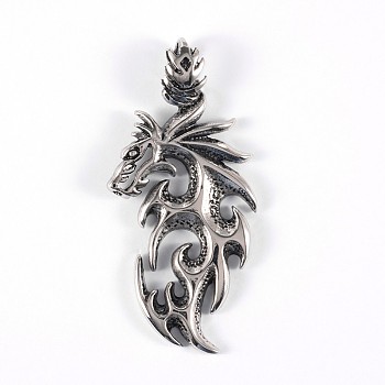 316 Surgical Stainless Steel Big Pendants, Dragon, Antique Silver, 67x33x9mm, Hole: 11x5mm