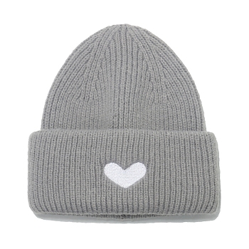 Polyacrylonitrile Fiber Yarn Cuffed Beanies Cap, Heart Pattern Winter Warmer Knit Hat for Women, Dark Gray, 560~580mm