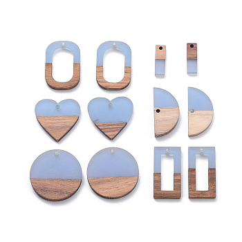 Resin & Walnut Wood Pendants, Flat Round & Oval & Rectangle & Half Round & Heart, Cornflower Blue, 12pcs/set