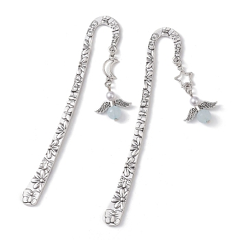 Angel Star Alloy Hook Bookmarks, with ABS Plastic Imitation Pearl Beads, Antique Silver, 123x20.5x2.5mm, 2pcs/set