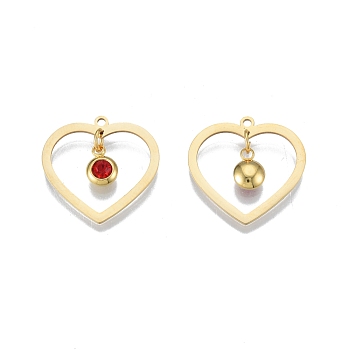 201 Stainless Steel Pendants, with Rhinestone, Heart with Flat Round, Real 18K Gold Plated, Hyacinth, 23x24x1mm, Hole: 1.6mm