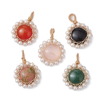 Copper Wire Wrapped Natural Black Agate/Green Aventurine/Rose Quartz/Unakite/Carnelian Pendants, Flower Charms with Shell Pearl Beads, Light Gold, Mixed Dyed & Heated and UnDyed & Heated, 24x18x6mm, Hole: 3x4mm