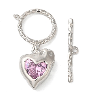 Brass Toggle Clasps, with Glass, Heart, Purple, Platinum, 4x26.5x1.5mm, Hole: 1.6mm, Ring: 15x17.5x2mm, Hole: 1.4mm, Pendant: 16.5x13.5x7.5mm