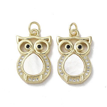Brass Micro Pave Cubic Zirconia Pendants, with Shell, Real 18K Gold Plated, Owl, 20.5x12.5x3.5mm, Hole: 3mm