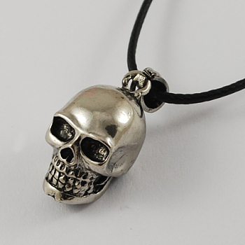 Zinc Alloy Skull Necklaces for Halloween, with Zinc Alloy Pendants, Zinc Alloy Lobster Claw Clasps, Iron Chains and Waxed Cord, Antique Silver, 17.1 inch