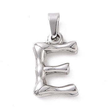 304 Stainless Steel Pendants, Bamboo Style, Stainless Steel Color, Letter.E, 18x12x3mm, Hole: 3x7mm