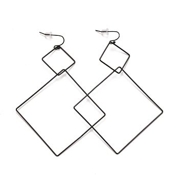 Ion Plating(IP) Rhombus 304 Stainless Steel Dangle Earrings for Women, Electrophoresis Black, 108.5x69x1.8mm, Pin: 0.6mm