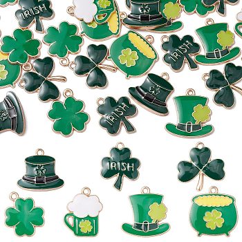 35Pcs 7 Styles Saint Patrick's Day Alloy Enamel Pendants, Golden/Light Gold, Clover/Hat/Pot, Green, 20~24x18.5~23x1.5mm, Hole: 1.8mm, 5pcs/style