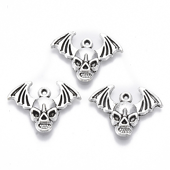 Tibetan Style Alloy Pendants, Lead Free & Cadmium Free, for Halloween, Skull with Bat Wings, Antique Silver, 17.5x23.5x3.5mm, Hole: 1mm