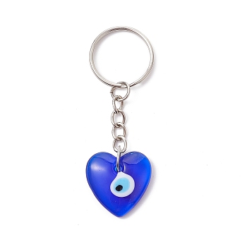 Blue Glass Evil Eye PendantS Keychains, with Iron Split Key Rings, Heart, 7.7cm