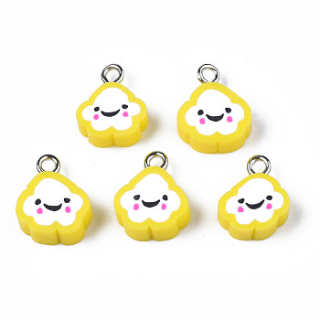 Handmade Polymer Clay Charms, with Platinum Plated Iron Loop, Cloud with Smile, Yellow, 11~14x9~11.5x4mm, Hole: 1.8mm
