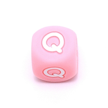 Silicone Alphabet Beads for Bracelet or Necklace Making, Letter Style, Pink Cube, Letter.Q, 12x12x12mm, Hole: 3mm