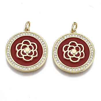 Brass Micro Pave Cubic Zirconia Pendants, with Enamel and Jump Ring, Nickel Free, Flat Round with Flower, Real 16K Gold Plated, Dark Red, 22x20x2mm, Jump Ring: 5x1mm, 3mm inner diameter
