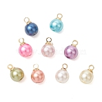 Baking Paint Pearlized Glass Pearl Round Charms with Brass Bails, Golden, Mixed Color, 9x6mm, Hole: 1.5mm(PALLOY-JF04897)