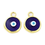 Rack Plating Brass Enamel Pendants, Long-Lasting Plated, Real 18K Gold Plated, Cadmium Free & Lead Free, Flat Round with Evil Eye Charm, Prussian Blue, 28x22x4mm, Hole: 4.7mm(KK-A205-07G-02)