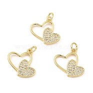 Real 18K Gold Rack Plating Brass Micro Pave Cubic Zirconia Pendants, with Jump Ring, Long-Lasting Plated, Cadmium Free & Lead Free, Double Heart Charms, Clear, 16.5x14x2.6mm, Hole: 3mm(ZIRC-L100-143G)