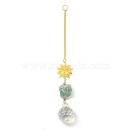 Wire Wrapped Nuggets Natural Fluorite Pendant Decorations, Brass Sun and Glass Round Tassels Hanging Ornaments, 235mm, Hole: 11mm(HJEW-C008-03E-G)