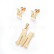 304 Stainless Steel Pendants and Stud Earrings Jewelry Sets, Alphabet, Letter.M, 20~23x13~19x1.5mm, Hole: 6x3mm, 6~10x6~9x1mm, Pin: 0.8mm(X-SJEW-P099-13G)