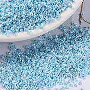 MIYUKI Round Rocailles Beads, Japanese Seed Beads, 15/0, (RR430) Aqua Lined White Pearl, 15/0, 1.5mm, Hole: 0.7mm, about 250000pcs/pound(SEED-G009-RR0430)