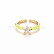 Brass Enamel Cuff Rings, Open Rings, Solitaire Rings, with Clear Cubic Zirconia, Nickel Free, Star, Golden, Yellow, US Size 7(17.3mm)(RJEW-T016-30J-NF)