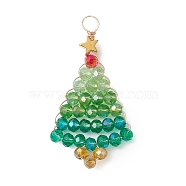 Christmas Theme Glass Pendants, with Copper Wire, Gold, Christmas Trees, Colorful, 46x25x4.5mm, Hole: 4mm(PALLOY-JF02890)