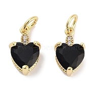 Brass Micro Pave Cubic Zirconia Charms, with Jump Ring, Heart, Real 18K Gold Plated, Black, 13x7.5x5mm, Hole: 3mm(KK-C051-05G-01)