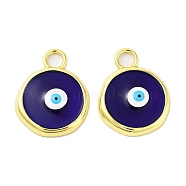 Rack Plating Brass Enamel Pendants, Long-Lasting Plated, Real 18K Gold Plated, Cadmium Free & Lead Free, Flat Round with Evil Eye Charm, Prussian Blue, 28x22x4mm, Hole: 4.7mm(KK-A205-07G-02)
