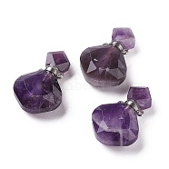 Rhombus Natural Amethyst Perfume Bottle Pendants, with 304 Stainless Steel Findings, Faceted, Stainless Steel Color, 26~27x17~17.5x8~8.5mm, Hole: 1.4mm, Capacity: about 2ml(0.06 fl. oz)(G-H241-01D-P)