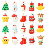 40Pcs 10 Styles Opaque Resin Pendants, Christmas Theme Charms, with Platinum Tone Iron Loops, Santa Claus & Bell & Reindeer, Mixed Color, 15~27x15~20.5x5~7.5mm, Hole: 2mm, 4pcs/style(RESI-CJ0003-53)