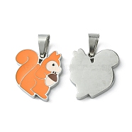 304 Stainless Steel Manual Polishing Charms, with Enamel and 201 Stainless Steel Clasp, Squirrel, Stainless Steel Color, 15x14.5x1.5mm, Hole: 3x5.5mm(STAS-C075-21P)