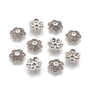 Tibetan Style Alloy Bead Caps, Lead Free & Nickel Free & Cadmium Free, Flower, Antique Silver, about 12.5mm long, 12.5mm wide, 4mm thick, hole: 1.5mm(X-LF10883Y-NF)