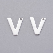201 Stainless Steel Charms, Letter, Silver Color Plated, Letter.V, 11x9x0.7mm, Hole: 1mm(STAS-L232-007V)