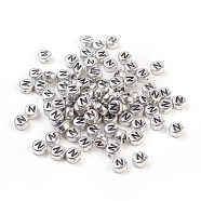 Silver Color Plated Acrylic Horizontal Hole Letter Beads, Flat Round, Letter.N, 7x3.5mm, Hole: 1mm, about 28pcs/4g(X-PB43C9070-N)