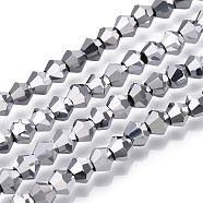 Electroplate Glass Bead Strands, Rainbow Plated, Faceted Bicone, Platinum Plated, 4x4.5mm, Hole: 1mm, about 92~96pcs/strand, 13.78~14.37 inch(EGLA-R094-4mm-15)