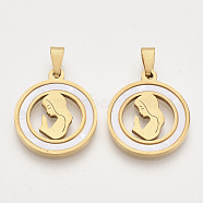 201 Stainless Steel Pendants, with Shell and Random Size Snap on Bails, Flat Round with Girl, Golden, 23x20x2mm, Hole: 7~10x3~5mm(X-STAS-N089-61G)
