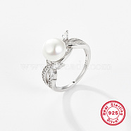 Rhodium Plated  925 Sterling Silver Finger Rings, with Pearl, Platinum, US Size 5(15.7mm)(AX5136-1)