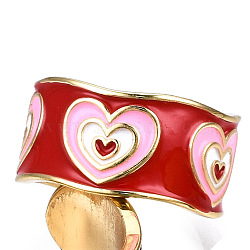 Brass Enamel Cuff Rings, Open Rings, Nickel Free, Heart, Real 16K Gold Plated, Red, US Size 6 1/4(16.7mm)(RJEW-T018-02G-01-NF)