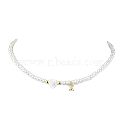 Brass Micro Pave Grade AAA Cubic Zirconia Letter Pendant Necklaces, Heart & Round Baking Painted Pearlized Glass Pearl Beaded Necklaces for Women, Letter X, 15.20 inch(38.6cm)(NJEW-JN04771-24)