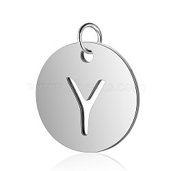 304 Stainless Steel Charms, Flat Round with Letter, Stainless Steel Color, Letter.Y, 12x1mm, Hole: 2.5mm(STAS-S105-T514S-Y)