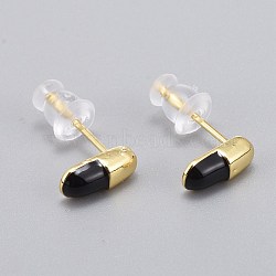 Brass Enamel Stud Earrings, with Plastic Ear Nuts, Long-Lasting Plated, Oval, Real 18K Gold Plated, Black, 8.5x4mm, Pin: 0.8mm(EJEW-L231-66C)