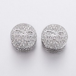Brass Micro Pave Cubic Zirconia European Beads, Large Hole Beads, Flat Round with Word MUM, Clear, Platinum, 11.5x9mm, Hole: 4.5mm(OPDL-P001-26)