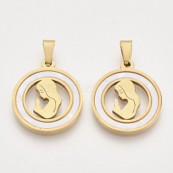 201 Stainless Steel Pendants, with Shell and Random Size Snap on Bails, Flat Round with Girl, Golden, 23x20x2mm, Hole: 7~10x3~5mm(X-STAS-N089-61G)