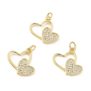 Real 18K Gold Rack Plating Brass Micro Pave Cubic Zirconia Pendants, with Jump Ring, Long-Lasting Plated, Cadmium Free & Lead Free, Double Heart Charms, Clear, 16.5x14x2.6mm, Hole: 3mm